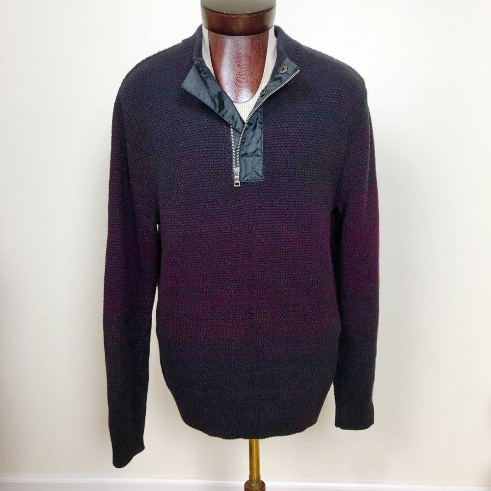 Mens INC International Concepts Sweater‎ Ombre Burgundy Black Moto Style Collar